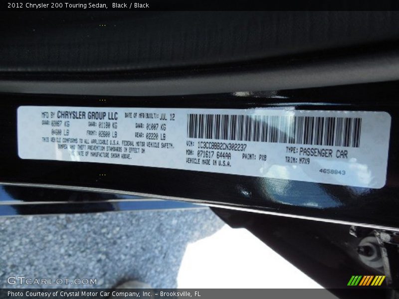 Black / Black 2012 Chrysler 200 Touring Sedan