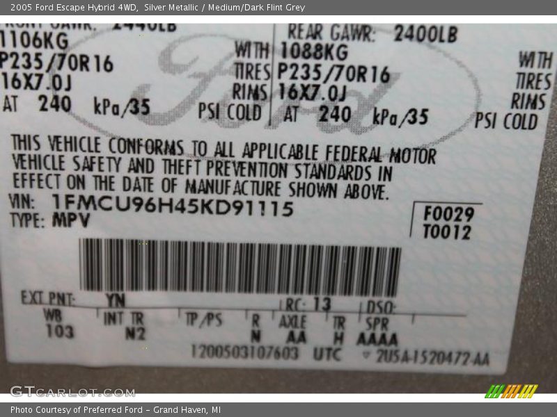 Silver Metallic / Medium/Dark Flint Grey 2005 Ford Escape Hybrid 4WD