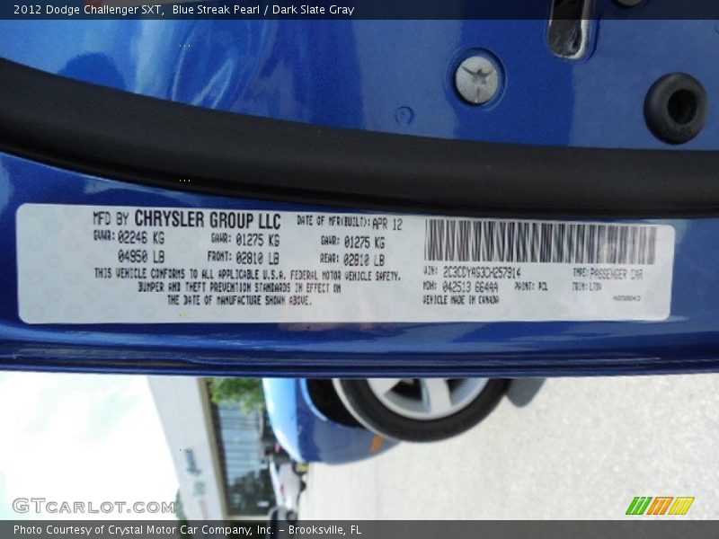 Blue Streak Pearl / Dark Slate Gray 2012 Dodge Challenger SXT