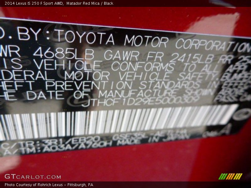 2014 IS 250 F Sport AWD Matador Red Mica Color Code 3R1