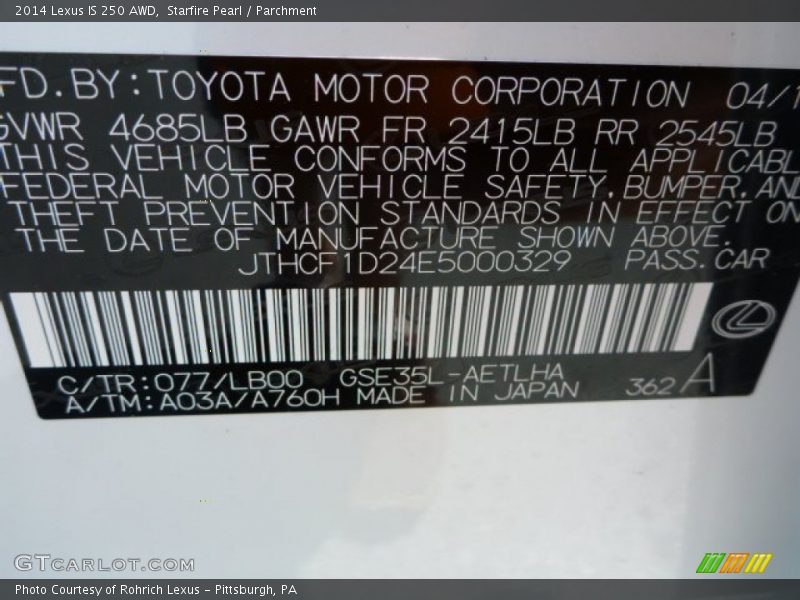 2014 IS 250 AWD Starfire Pearl Color Code 077