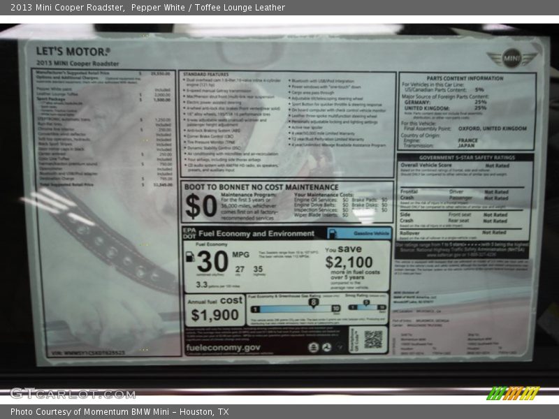Pepper White / Toffee Lounge Leather 2013 Mini Cooper Roadster