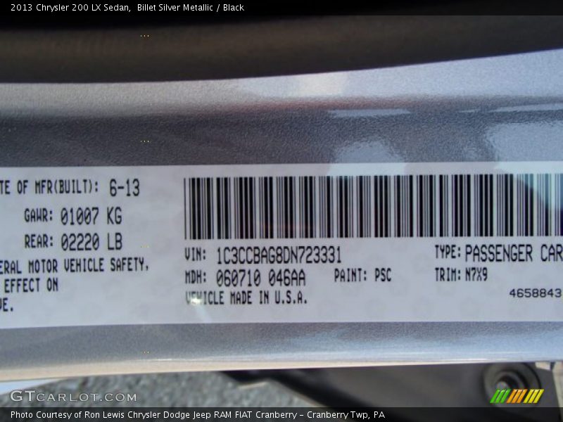Billet Silver Metallic / Black 2013 Chrysler 200 LX Sedan