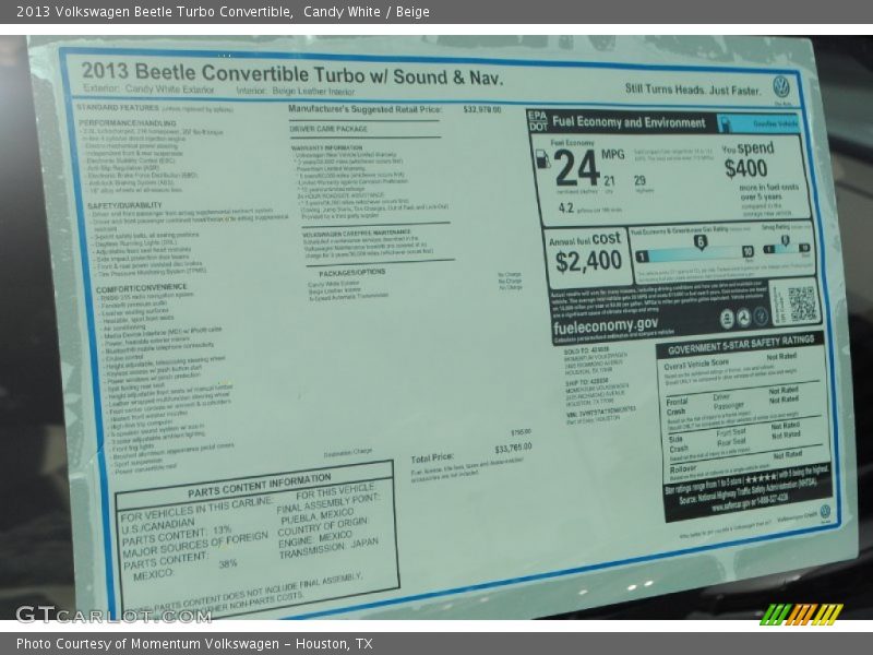  2013 Beetle Turbo Convertible Window Sticker