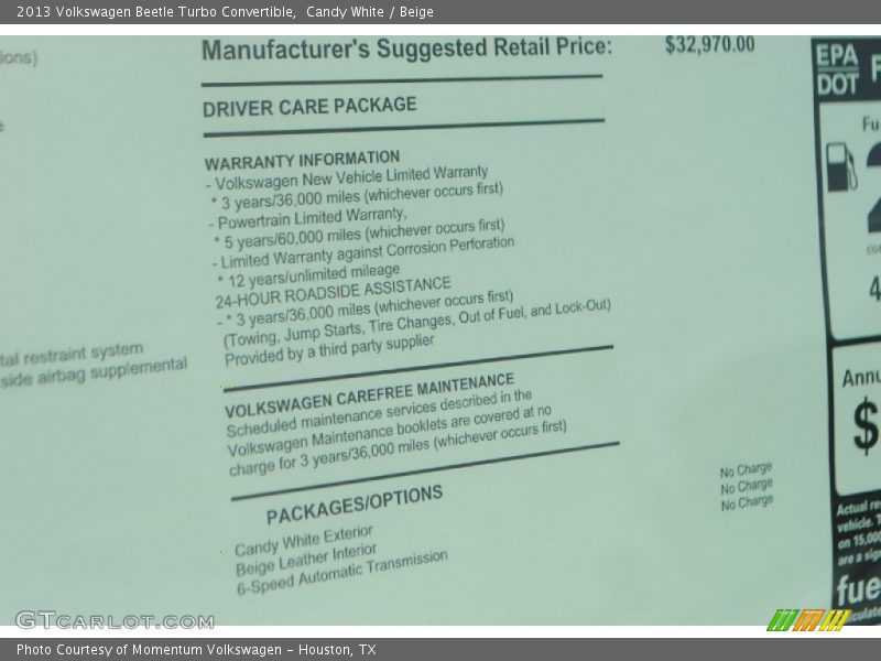  2013 Beetle Turbo Convertible Window Sticker