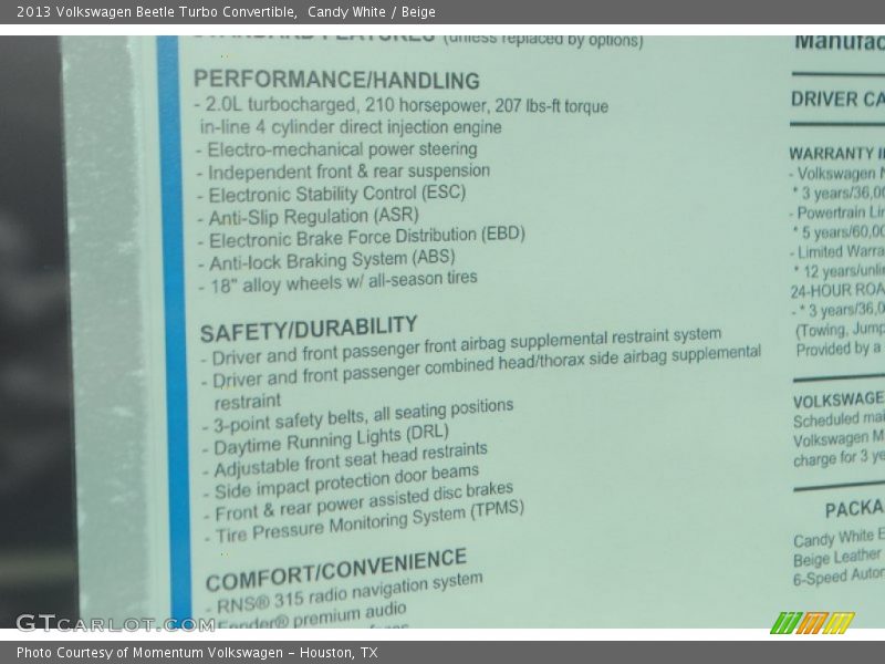  2013 Beetle Turbo Convertible Window Sticker