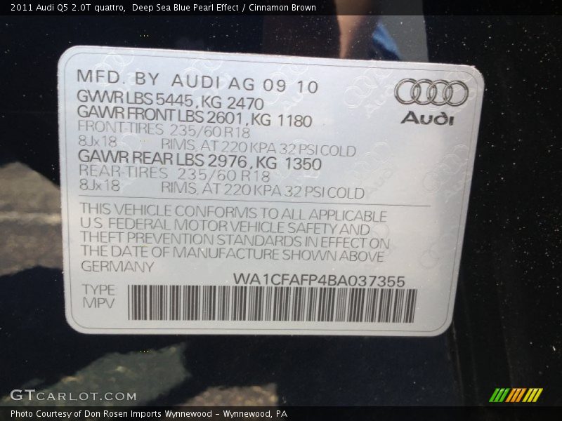 Deep Sea Blue Pearl Effect / Cinnamon Brown 2011 Audi Q5 2.0T quattro