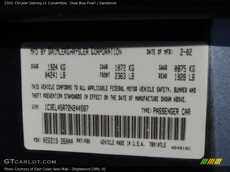 2002 Sebring LX Convertible Steel Blue Pearl Color Code PBQ