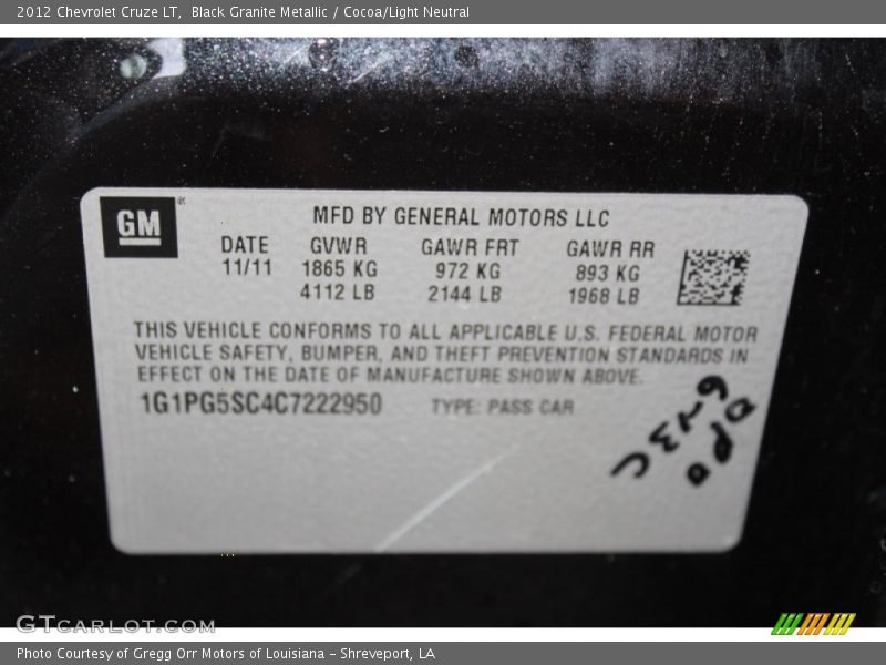 Black Granite Metallic / Cocoa/Light Neutral 2012 Chevrolet Cruze LT