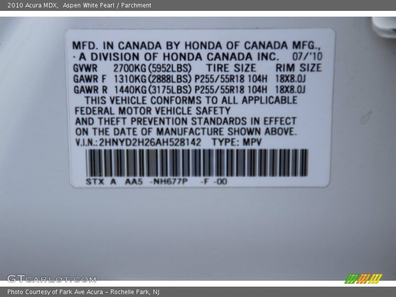 Aspen White Pearl / Parchment 2010 Acura MDX