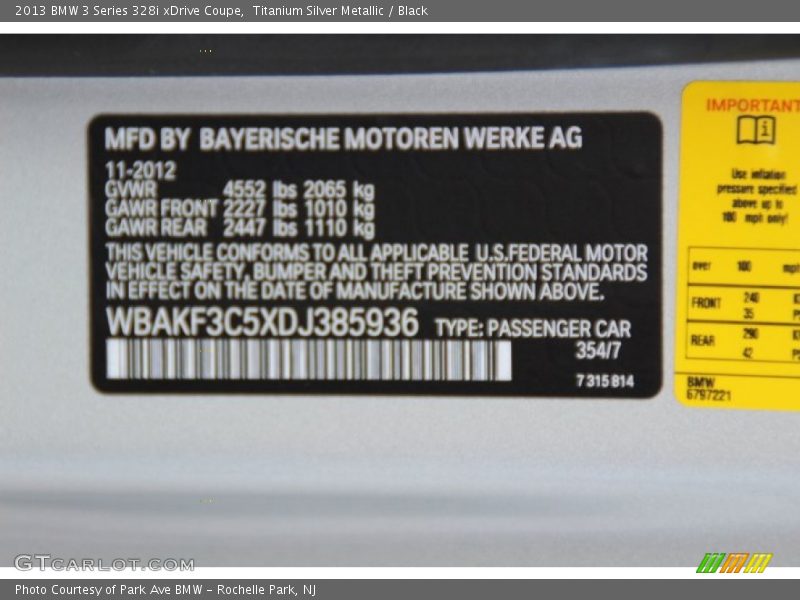 2013 3 Series 328i xDrive Coupe Titanium Silver Metallic Color Code 354