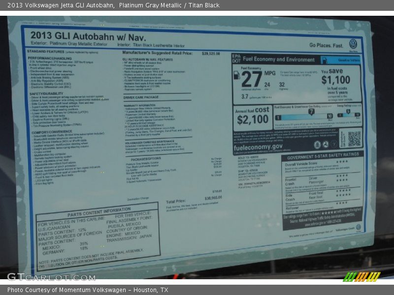  2013 Jetta GLI Autobahn Window Sticker