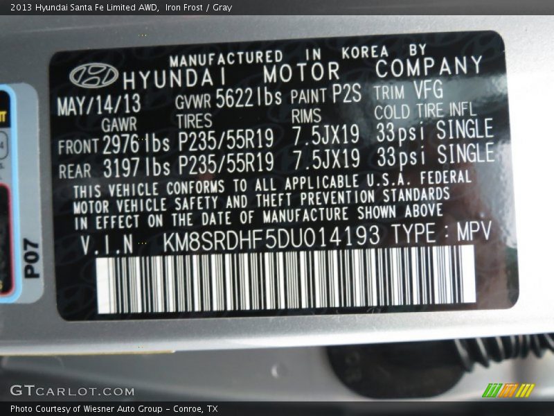 2013 Santa Fe Limited AWD Iron Frost Color Code P2S
