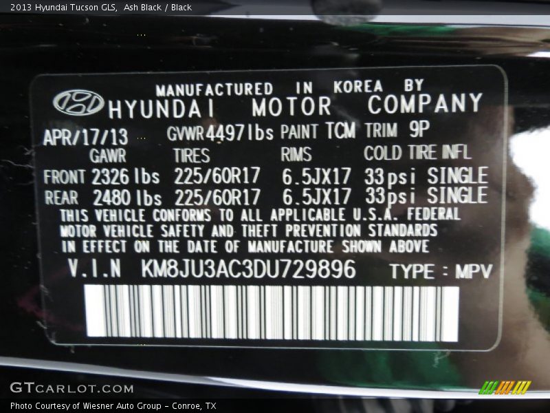 Ash Black / Black 2013 Hyundai Tucson GLS