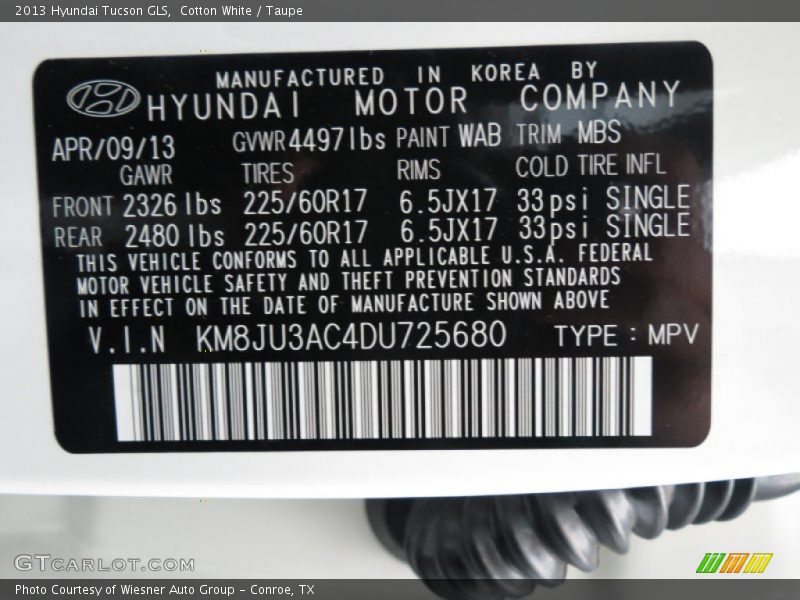 Cotton White / Taupe 2013 Hyundai Tucson GLS