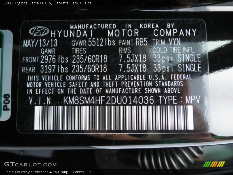 2013 Santa Fe GLS Becketts Black Color Code RB5