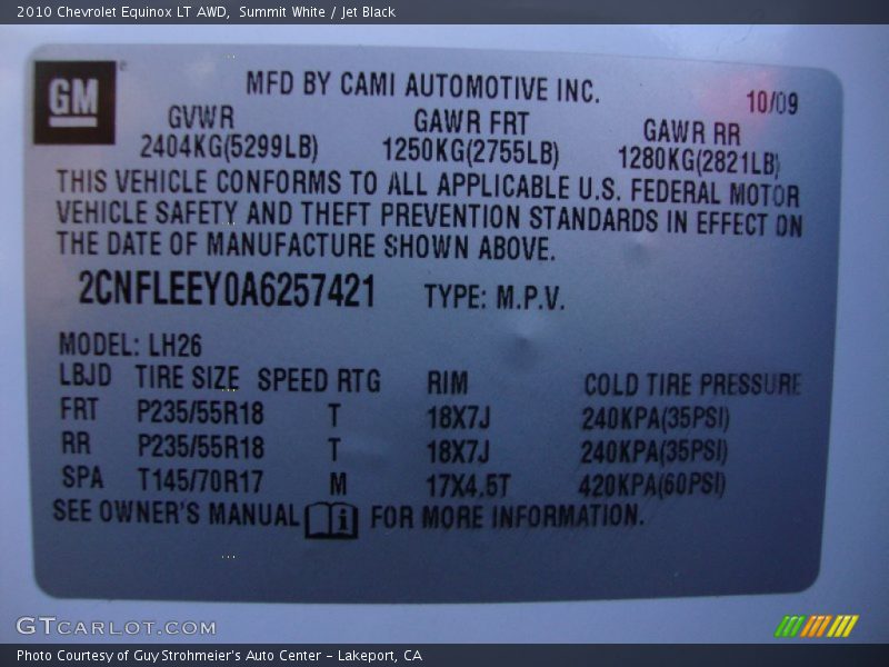 Info Tag of 2010 Equinox LT AWD