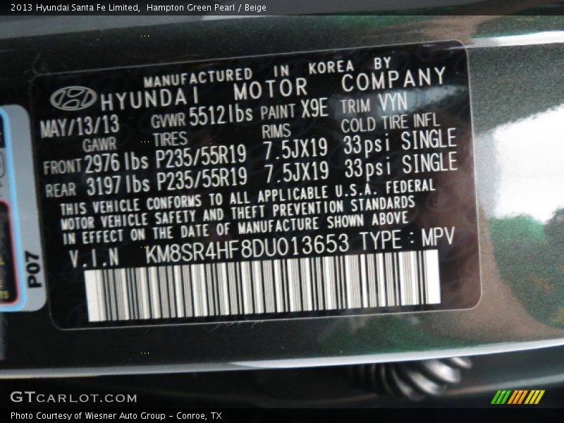 Hampton Green Pearl / Beige 2013 Hyundai Santa Fe Limited