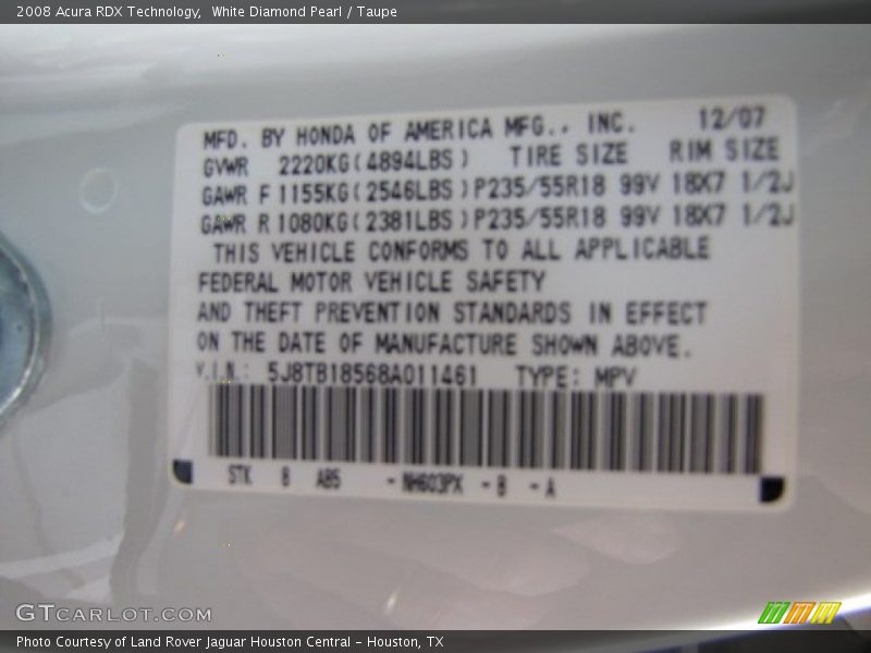 White Diamond Pearl / Taupe 2008 Acura RDX Technology