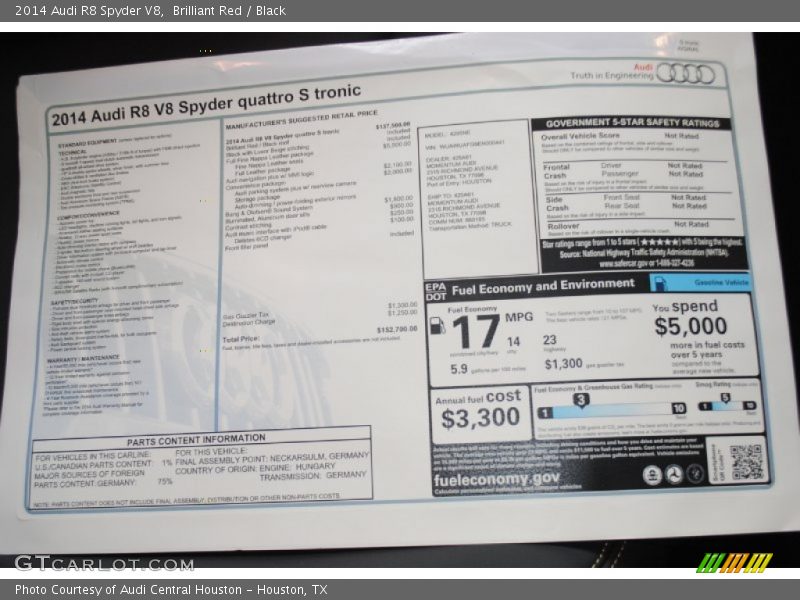  2014 R8 Spyder V8 Window Sticker