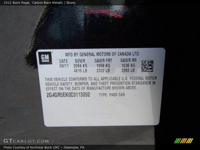 Carbon Black Metallic / Ebony 2012 Buick Regal