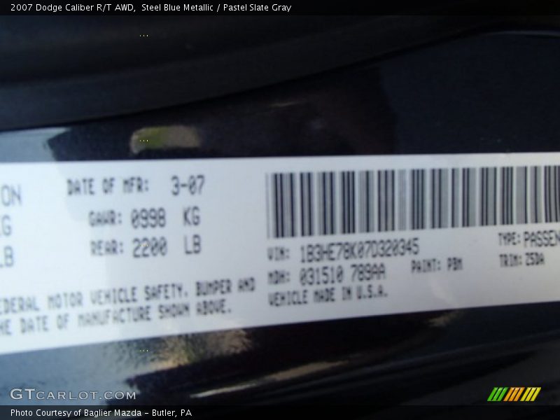 Steel Blue Metallic / Pastel Slate Gray 2007 Dodge Caliber R/T AWD