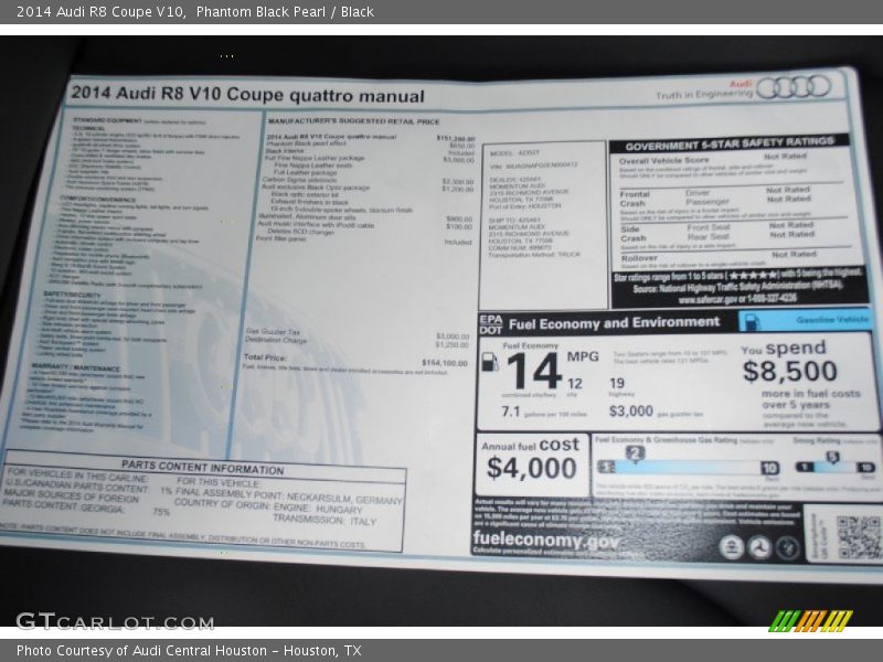 2014 R8 Coupe V10 Window Sticker