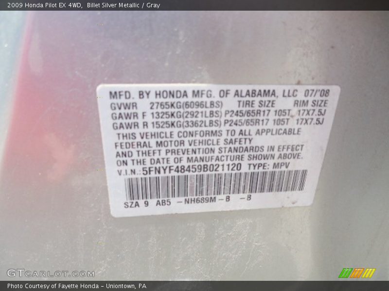 Billet Silver Metallic / Gray 2009 Honda Pilot EX 4WD