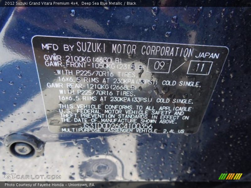 Deep Sea Blue Metallic / Black 2012 Suzuki Grand Vitara Premium 4x4