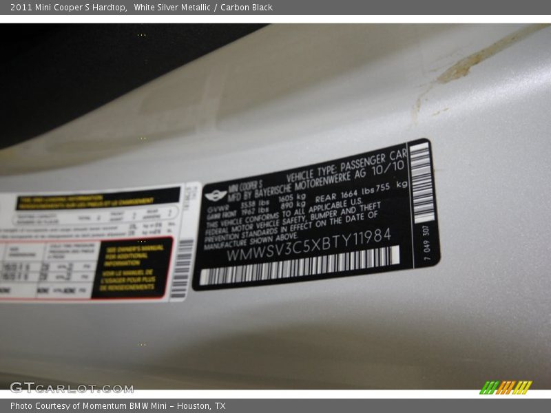 White Silver Metallic / Carbon Black 2011 Mini Cooper S Hardtop