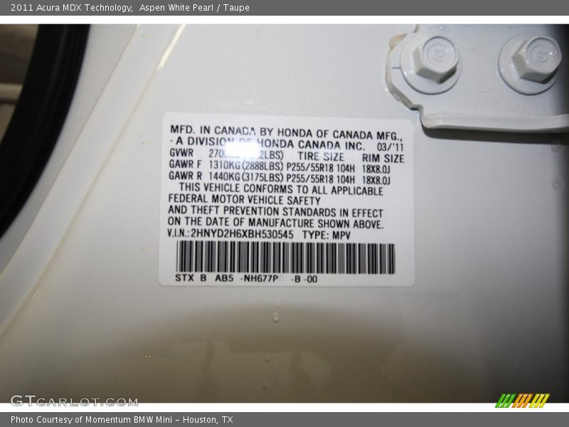Aspen White Pearl / Taupe 2011 Acura MDX Technology