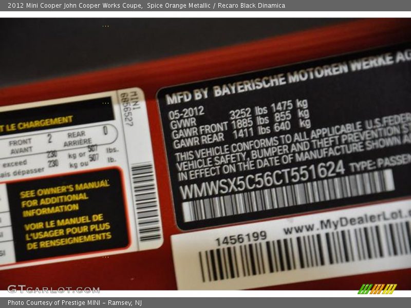 Spice Orange Metallic / Recaro Black Dinamica 2012 Mini Cooper John Cooper Works Coupe