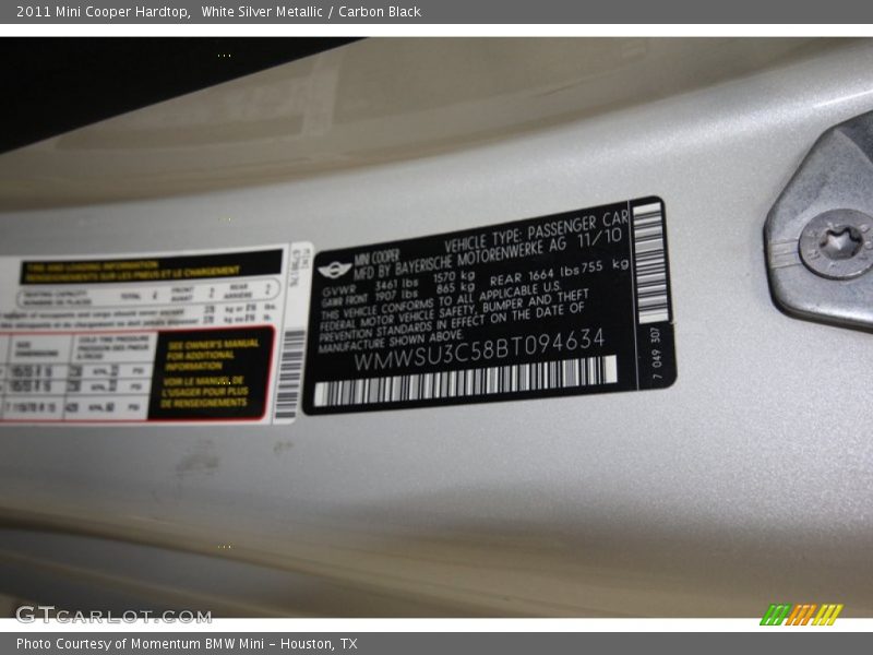 White Silver Metallic / Carbon Black 2011 Mini Cooper Hardtop