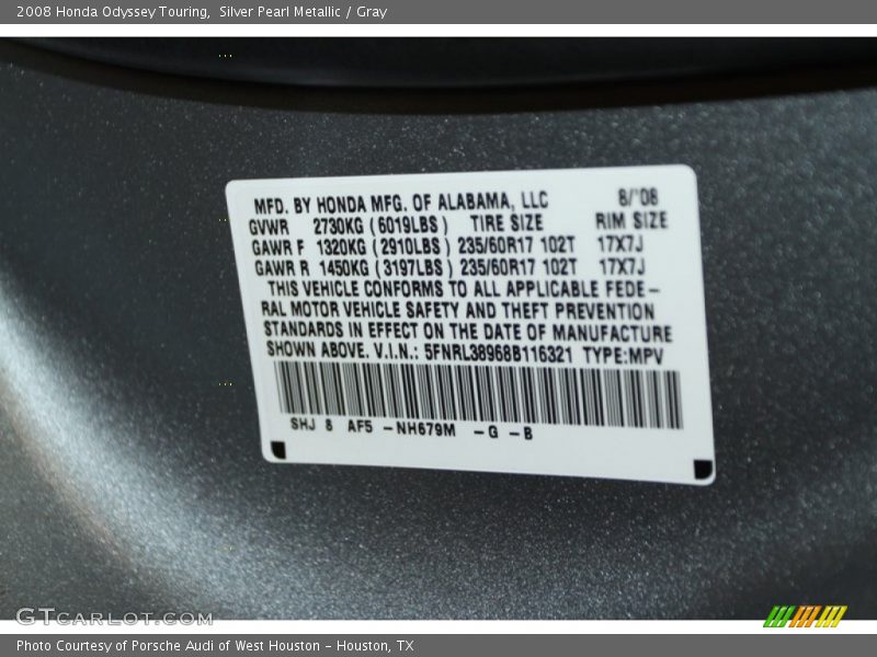 Silver Pearl Metallic / Gray 2008 Honda Odyssey Touring