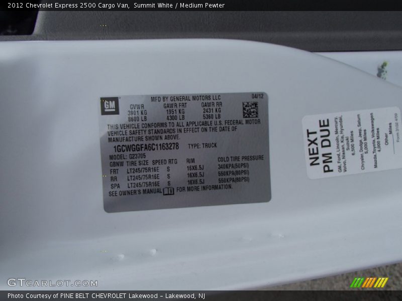 Info Tag of 2012 Express 2500 Cargo Van