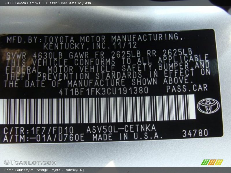 Classic Silver Metallic / Ash 2012 Toyota Camry LE