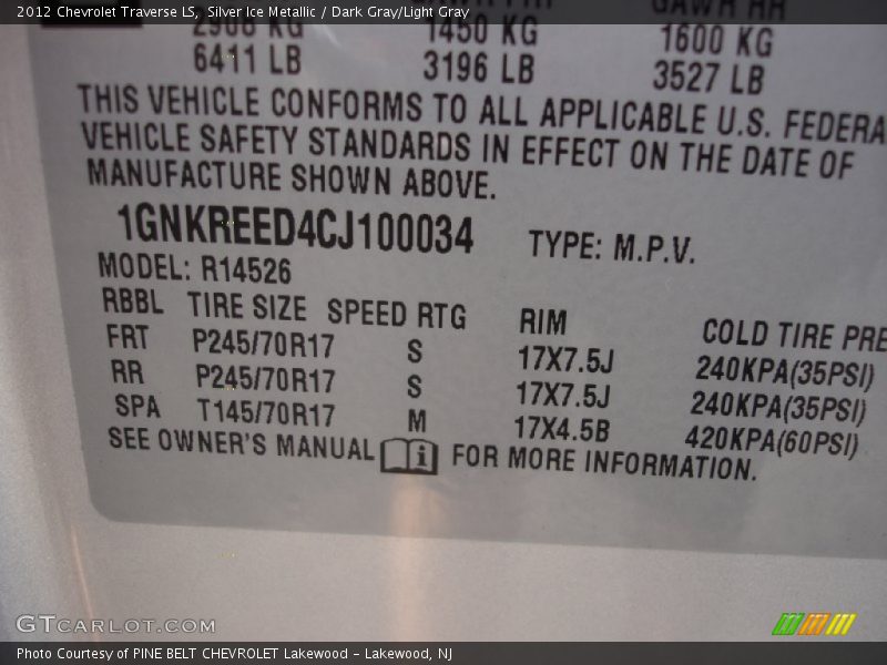 Silver Ice Metallic / Dark Gray/Light Gray 2012 Chevrolet Traverse LS