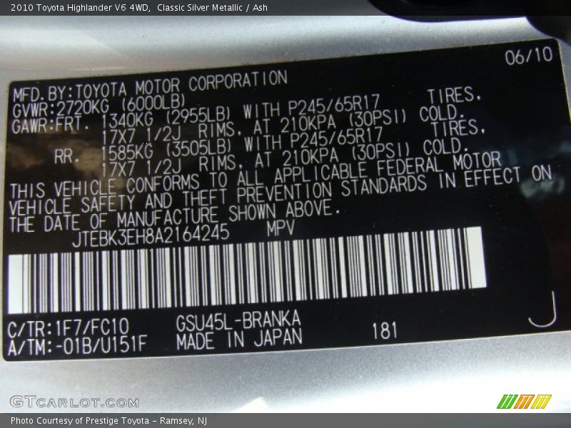 Classic Silver Metallic / Ash 2010 Toyota Highlander V6 4WD