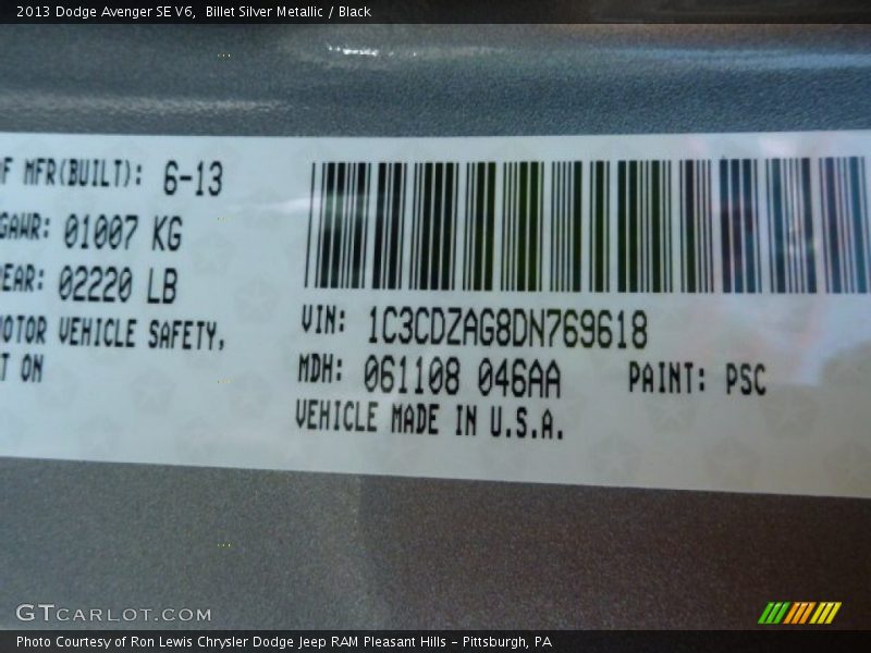 Billet Silver Metallic / Black 2013 Dodge Avenger SE V6