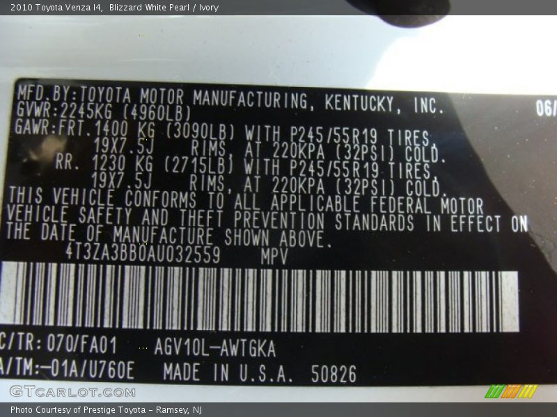 Blizzard White Pearl / Ivory 2010 Toyota Venza I4