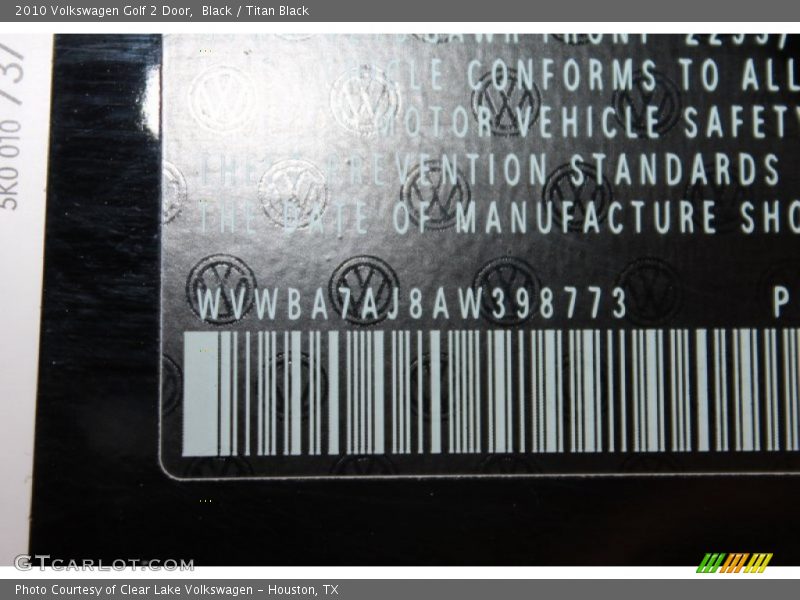 Black / Titan Black 2010 Volkswagen Golf 2 Door