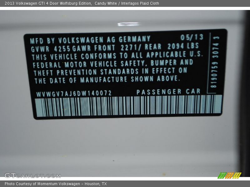 Candy White / Interlagos Plaid Cloth 2013 Volkswagen GTI 4 Door Wolfsburg Edition