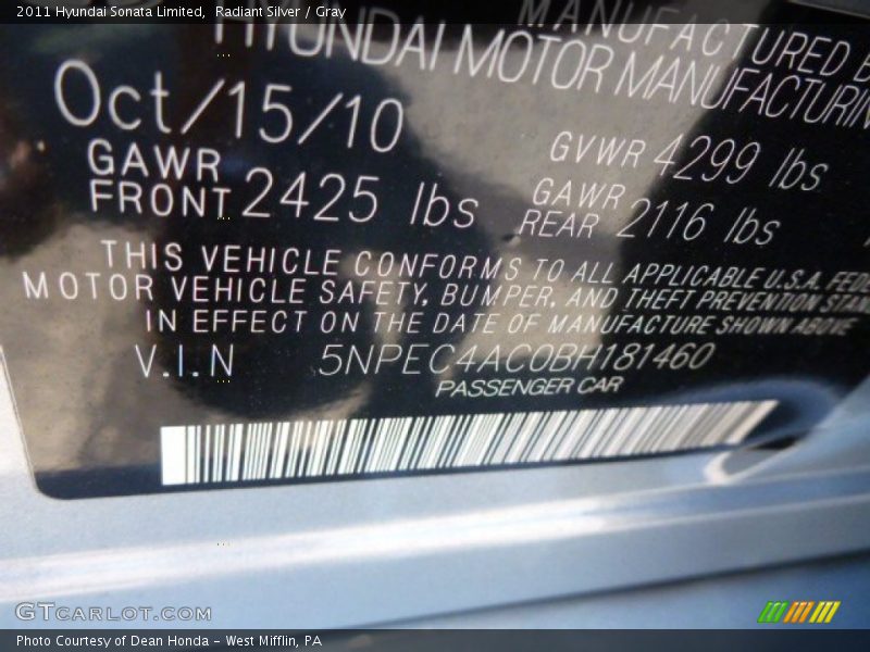 Radiant Silver / Gray 2011 Hyundai Sonata Limited