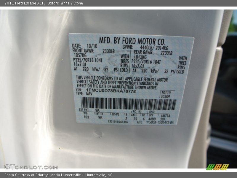 Oxford White / Stone 2011 Ford Escape XLT