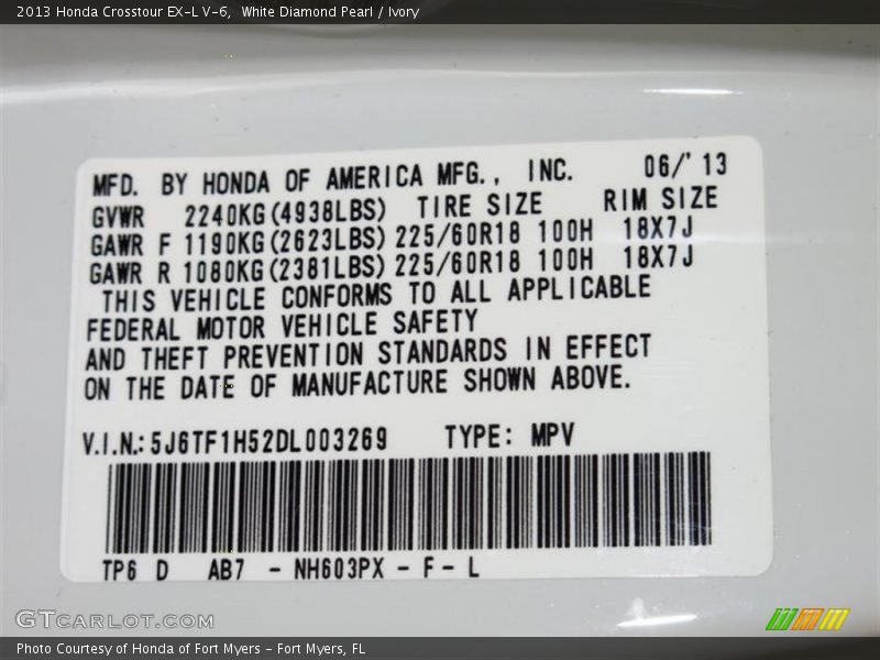 White Diamond Pearl / Ivory 2013 Honda Crosstour EX-L V-6