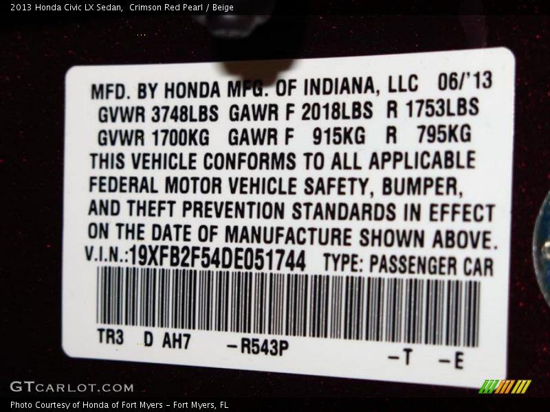 Crimson Red Pearl / Beige 2013 Honda Civic LX Sedan