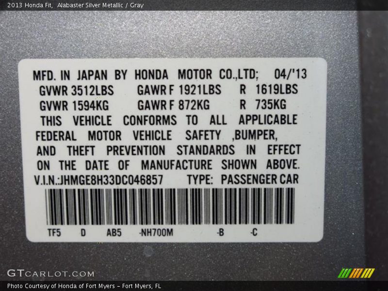 Alabaster Silver Metallic / Gray 2013 Honda Fit