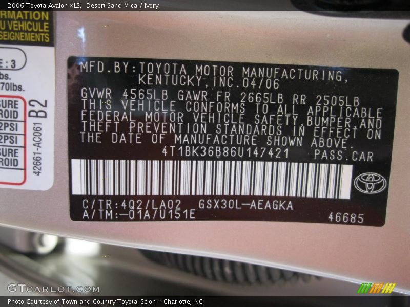 2006 Avalon XLS Desert Sand Mica Color Code 4Q2