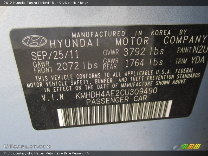 Blue Sky Metallic / Beige 2012 Hyundai Elantra Limited