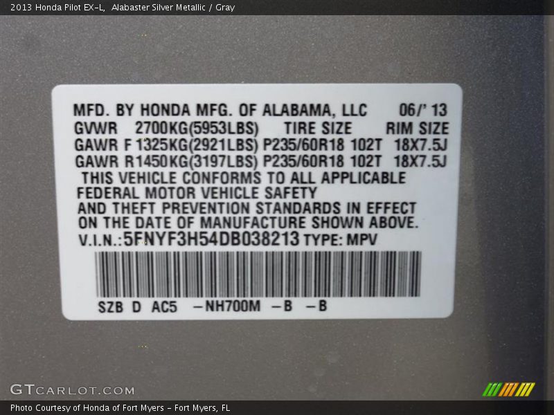 Alabaster Silver Metallic / Gray 2013 Honda Pilot EX-L
